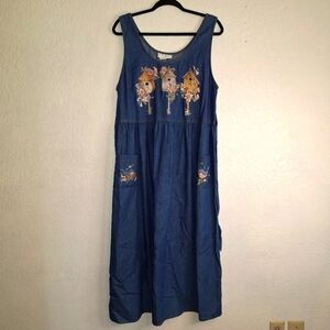 J.P. Angela Maxi Denim Dress Tie Bag Birdhouses Pockets Large